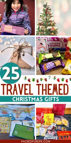 the 25 travel themed christmas gifts for kids and adults are featured in this collage