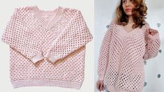 a woman is wearing a pink sweater with holes on the front and back, while she has her hands in her pockets