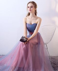 Tulle Skirt Dresses For Banquet And Prom Season, Blue Organza Dress For Banquet, Blue Organza Prom Dress, Purple Tulle Evening Dress For Banquet, Blue Organza Dress For Prom Season, Blue Corset Dress For Wedding And Prom Season, Purple Tulle Skirt Prom Dress, Blue Fitted Tulle Dress, Blue Tulle Ball Gown For Prom