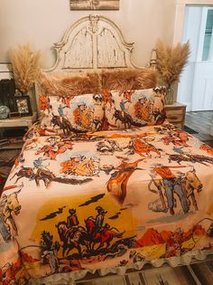 a bed with an old western theme on it