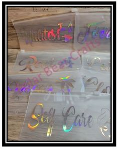 four clear acrylic decals with the words'best care'on them