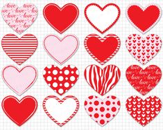 valentine's day heart cutouts with red and white polka dots, hearts, and stripes