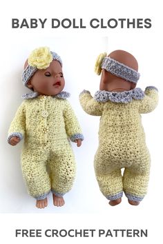 two baby doll clothes are shown with the text free crochet pattern