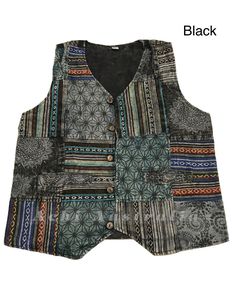 Bohemian Patchwork Sleeveless Vest, Bohemian Sleeveless Vest With Patchwork, Bohemian Sleeveless Patchwork Vest, Casual Sleeveless Patchwork Vest, Cotton Vest With Patch Pockets For Fall, Vintage Patchwork Sleeveless Top, Cotton Patchwork Vest For Festivals, Cotton Festival Tops With Buttons, Festival Cotton Tops With Buttons