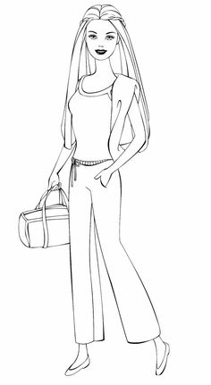 a cartoon girl with long hair holding a purse and wearing wide legged pants, standing in front of a white background