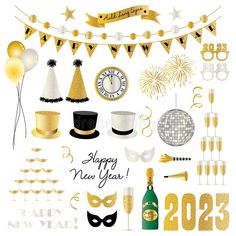 happy new year's eve party decorations and confetti on white background with gold foil