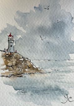 a watercolor painting of a lighthouse in the ocean