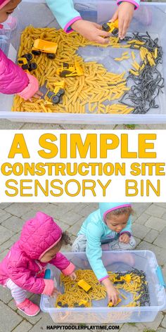 two children playing with construction site sensory bins on the ground and text overlay that reads, a simple construction site sensory bin