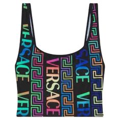 Sleeveless stretch jersey tank top in black featuring logo pattern and signature Greek key pattern in multicolor. Scoop neck collar. Cropped hem. Supplier color: Multicolor Body: 78% polyester, 22% elastane. Trim: 78% polyamide, 22% elastane. Made in Italy. Versace Tops, Versace Runway, Greek Key Pattern, Jersey Tank Top, Cindy Crawford, Logo Pattern, Greek Key, Gianni Versace, Helmut Lang