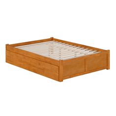 a wooden bed frame with two drawers on each side and one drawer underneath the mattress