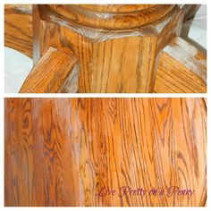 two pictures of the top and bottom sides of a wooden chair with wood graining on it