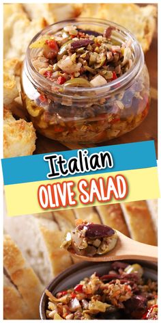 an image of olive salad in a glass bowl with bread on the side and text overlay