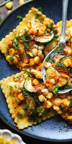 Ravioli with Corn and Zucchini in a Garlic Butter Sauce on a blue plate. Corn And Zucchini, Ravioli Recipe, Cheese Ravioli, Garlic Butter Sauce, Summer Eating, Pasta Noodles, Pasta Dish, Butter Sauce, Meatless Meals