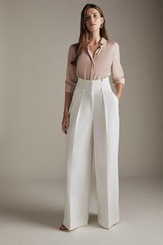 High Waisted Tailored Trousers, White Wide Leg Trousers Outfit Classy, High Waist Trousers Outfit Classy, White Trousers Outfit Classy, Wide Leg Trousers Outfit Classy, Ivory Pants Outfit, White Trousers Outfit, Wide Leg Trousers Outfit