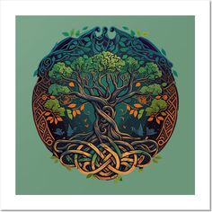 the tree of life is surrounded by celtic knots and leaves, as well as an image of