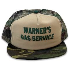 Vintage Warner's Gas Service Snapback Camo Hat Hunting Trucker Cap USA Made Circa: 1980's-90's Description: Warner's Gas Service felt letter Snapback Camo Hat. Made in the USA. Size: Snapback - One size fits most - Adult. Condition: Shows minimal to low wear. Snapback is in great shape. Colors are great. Brim is good and not broken. The crown is losing some shape from losing some stiffness(see pics). Sweatband shows a bit of dust from storage and/or possibly light wear(see pics). ** To protect h Vintage 5-panel Trucker Hat For Streetwear, Vintage Green Snapback Hat With Flat Brim, Vintage Green Snapback Hat For Outdoor, Vintage Green Flat Brim Snapback Hat, Green Flat Brim Vintage Snapback Hat, Green Vintage Trucker Hat For Outdoor, Vintage Trucker Hat With Flat Brim For Streetwear, Vintage Snapback Hat With Letter Print For Outdoor, Vintage Letter Print Snapback Hat For Outdoor