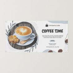 coffee time business card with cup of cappuccino and cookies