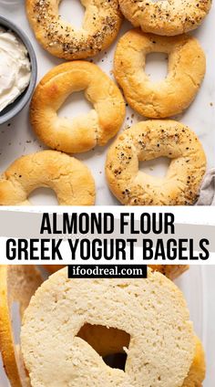 an image of bagels with cream cheese on top and the words almond flour greek yogurt bagels