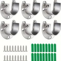 set of 8 chrome steel wall mount brackets with screws and green plastic inserts