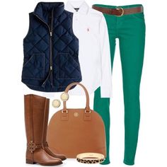 Fall Outfits 2014! #Fashion #Trusper #Tip Preppy Mode, Blue Vest, Green Jeans, Green Pants, Looks Chic, Kelly Green, Fall Winter Outfits, Look Chic, Preppy Style