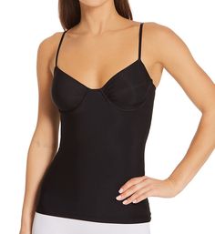 Silky microfiber camisole has supportive underwires and straps that adjust for fit. Made of nylon and spandex. Seamless underwire cup is unlined stretch microfiber with ruching at the center that comfortably expands for fit. Cups are spaced wide at center front, great for East/West breasts. Microfiber knit has 4-way stretch for a completely unique fit. Narrow covered elastic around the top of sides and back delivers a secure fit. Spaghetti straps with restricted stretch satin elastic are fully a Lace Biker Shorts, Heart Bodysuit, Halter Bra Top, Sheer Slip Dress, Camisole Bra, Only Hearts, Cotton Bras, Unique Fits, Black Camisole