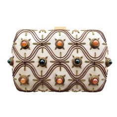 "Stunning, opulent party clutch - luxury gold hard case clutch inlaid with jade, carnelian and garnet gemstones on a shimmery, iridescent leatherette fabric. The fabric is remarkable - it has tiny sparkly specs in it that catch the light and glow. Expertly hand embroidered by master zardozi artisans with over 25 years experience. Exceptional quality and craftsmanship. Of classic, timeless design and of impeccable workmanship and quality, this bag is destined to become your modern heirloom. Every Gold Evening Bag, Art Nouveau Necklaces, Kuchi Jewelry, Statement Clutch, Party Box, Boho Choker, Party Clutch, Box Clutch, Embroidered Bag