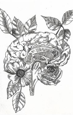 a black and white drawing of flowers with leaves