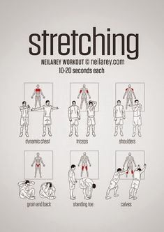 a poster with instructions on how to do stretching for the shoulders and chests, including an image of a man doing exercises