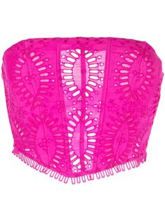 hot pink embroidered motif cut-out detailing strapless bustier-style neckline side zip fastening sleeveless cropped frayed hem Embroidered Crop Tops, Strapless Bustier, Strapless Tops, Corsets, Ibiza