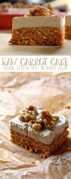 raw carrot cake with white frosting and walnuts on top is shown in three different views