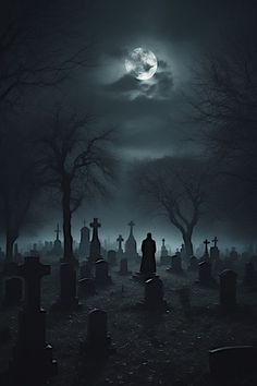 a cemetery at night with a full moon in the sky and silhouettes of people