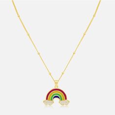 "Rock a dazzling dash of color in CZ Rainbow Necklace, featuring an array of sparkly clouds attached to a dreamy rainbow pendant. Wear this gem with a cute choker, and a vibrant blouse for a chic, layered look that'll make heads turn anywhere you go. Adjustable Rainbow Charm Necklace - 14K Gold or Rhodium Plated 925 Silver - 14\" + 3 Extender Aveg. Weight: 3.75 grams Sterling Silver 14K Gold Plated and Rhodium Plated Cubic Zirconia Stones Length: 14\" + 3\" Extender Lead And Nickle Free Free Gif Rainbow Cubic Zirconia Necklaces For Gift, Rainbow Cubic Zirconia Necklaces As Gift, Rainbow Cubic Zirconia Necklace For Gift, Free Gif, Rainbow Accessories, Rainbow Pendant, Rainbow Necklace, Tennis Necklace, Rock A