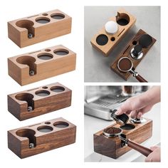 four different types of coffee grinders in wooden boxes with one being used as a spice dispenser