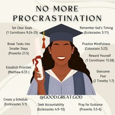 a poster with the words no more procrastination and graduation cap on it