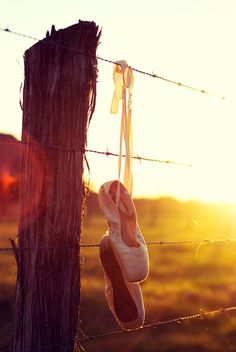 a pair of ballet shoes hanging on a wire fence with the sun shining behind them