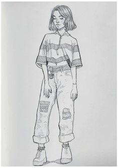 a black and white drawing of a girl in overalls standing with her hands on her hips