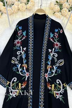 Lasaky - Retro Travel Jacket: Embroidered Open Overcoat for Long-lasting Style in Cotton and Linen Blouse Black Embroidered Long Sleeve Outerwear, Long Printed Spring Outerwear, Long Floral Print Winter Outerwear, Spring Outerwear With Floral Embroidery And Open Front, Fall Outerwear With Multicolor Embroidery And Floral Print, Spring Open Front Outerwear With Floral Embroidery, Fall Floral Print Outerwear With Multicolor Embroidery, Long Floral Embroidered Outerwear For Fall, Fall Multicolor Embroidered Floral Outerwear