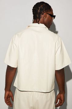 Available In Cream. Fold Down Collar Front Button Closure Short Sleeve Pair With Gotta Run Faux Croc Leather Basketball Shorts Shell/Coating: 100% Polyurethane Backing: 100% Viscose Imported | Mens Gotta Run Faux Croc Leather Cropped Button Up Shirt in Cream size 3XL by Fashion Nova Cropped Button Up Shirt, Cream Fashion, Croc Leather, Men Shirt Style, Basketball Shorts, Button Up Shirt, Fashion Nova, Shirt Style, Button Up Shirts