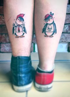 two tattoos on the legs of people with penguin and skull tattoo designs on their feet