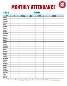 the printable attendance sheet for child's activities is shown in red and blue