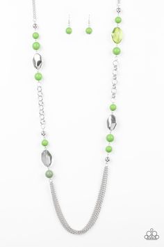 MARINA MAJESTY - GREEN A collection of faceted silver, crystal-like green, polished green, and silver beads give way to layers of shimmery silver chains for a whimsical look. Features an adjustable clasp closure. Sold as one individual necklace. Includes one pair of matching earrings. p2wh-grxx-329xx ORDERED 18 MAY 19 Silver Neckalce, Collar Verde, Green And Silver, Long Silver Necklace, Silver Chains, Paparazzi Accessories, Paparazzi Jewelry, Green Necklace, Fabulous Fashion