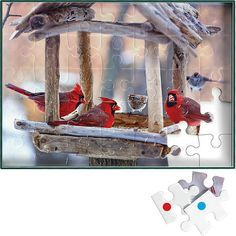 the puzzle is made up of three birds on a bird feeder, one red and one blue