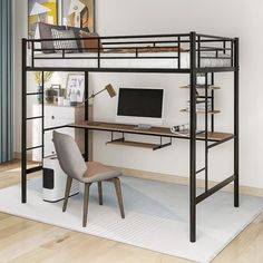 a loft bed with a desk underneath it and a chair in front of the bed