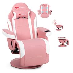 a pink and white gaming chair with various attachments