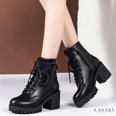 Lasaky - Womens Chunky Heel Martin Boots with Thick Soles and Buckle Straps Black Short Boots, Women's Motorcycle Boots, Fabric Boots, Chunky Heel Ankle Boots, Womens Riding Boots, Trendy Boots, Womens Chunky Heels, Shoes Boots Ankle, Chunky Heels Boots