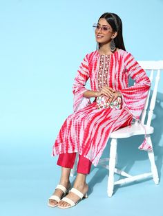 Women Pink Shibori Print Yoke Design Kurta with Trouser - Inddus.com Design Kurta, Yoke Design, Shibori Print, Women Pink, Kurta Designs, Kurta Set, Shibori, Kimono Top, Round Neck