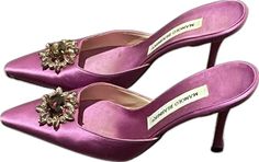 Rare Fuchsia Vintage Manolo Blahnik Satin Mules with crystal buckle/pendant Low ~2” heel Worn extremely lightly twiceLate 1990s, early 2000sSome discoloration from age on inside sole (pictured) but can be cleaned. Manolo Blahnik Pink, Manolo Blahnik Sandals, Elegant Shoes