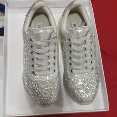 7.5 Never Use.. New In Box They Don't Make Those Anymore Silver Rhinestone Sneakers With Round Toe, Party Sneakers With Rhinestones And Round Toe, Party Sneakers With Rhinestones, Silver Embellished Sneakers With Round Toe, Party Sneakers With Bling And Round Toe, Silver Embellished Round Toe Sneakers, Party Sneakers With Silver Rhinestones, Luxury Bedazzled Round Toe Sneakers, Luxury Bedazzled Sneakers