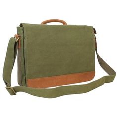 It is a large size 16. 5 in. casual style canvas messenger bag with a cushion pocket for the laptop computer purpose. Laptop computer cushion can fit laptop width up to 14. 5 in. It has external and internal multiple pockets, sort your belonging very well if you do not carry tons of items. On the top of the bag, it has a leather handle which is easy for you to carry by hand. Canvas has its elegant beautiful vintage looking which fits both casual and formal occasions. Color: Green. Casual Rectangular Briefcase With Luggage Sleeve, Rectangular Canvas Laptop Bag For School, Canvas Satchel Briefcase With Luggage Sleeve, Casual Green Rectangular Laptop Bag, Rectangular School Satchel With Canvas Lining, Casual Canvas Briefcase For Everyday Use, Business Rectangular Shoulder Bag With Canvas Lining, Casual Canvas Shoulder Bag With Laptop Sleeve, Rectangular Business Shoulder Bag With Canvas Lining