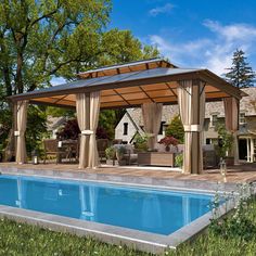 a pool with a gazebo next to it